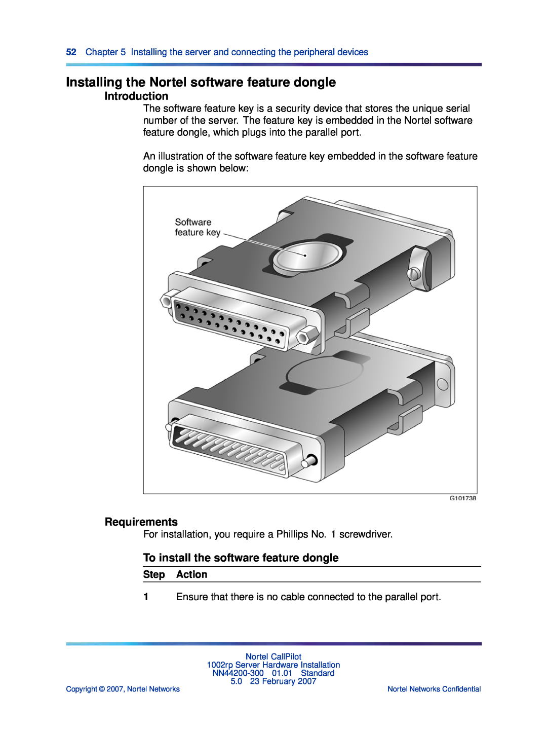 Nortel Networks NN44200-300 manual Installing the Nortel software feature dongle, Requirements, Introduction, Step Action 