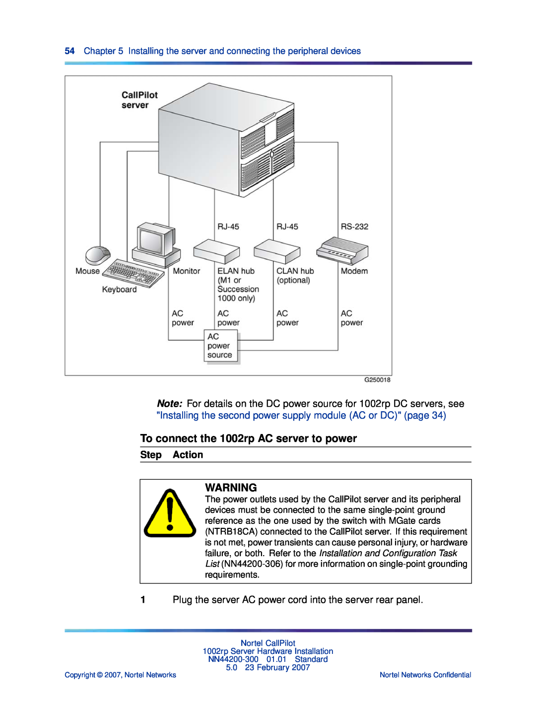 Nortel Networks NN44200-300 manual To connect the 1002rp AC server to power, Step Action 