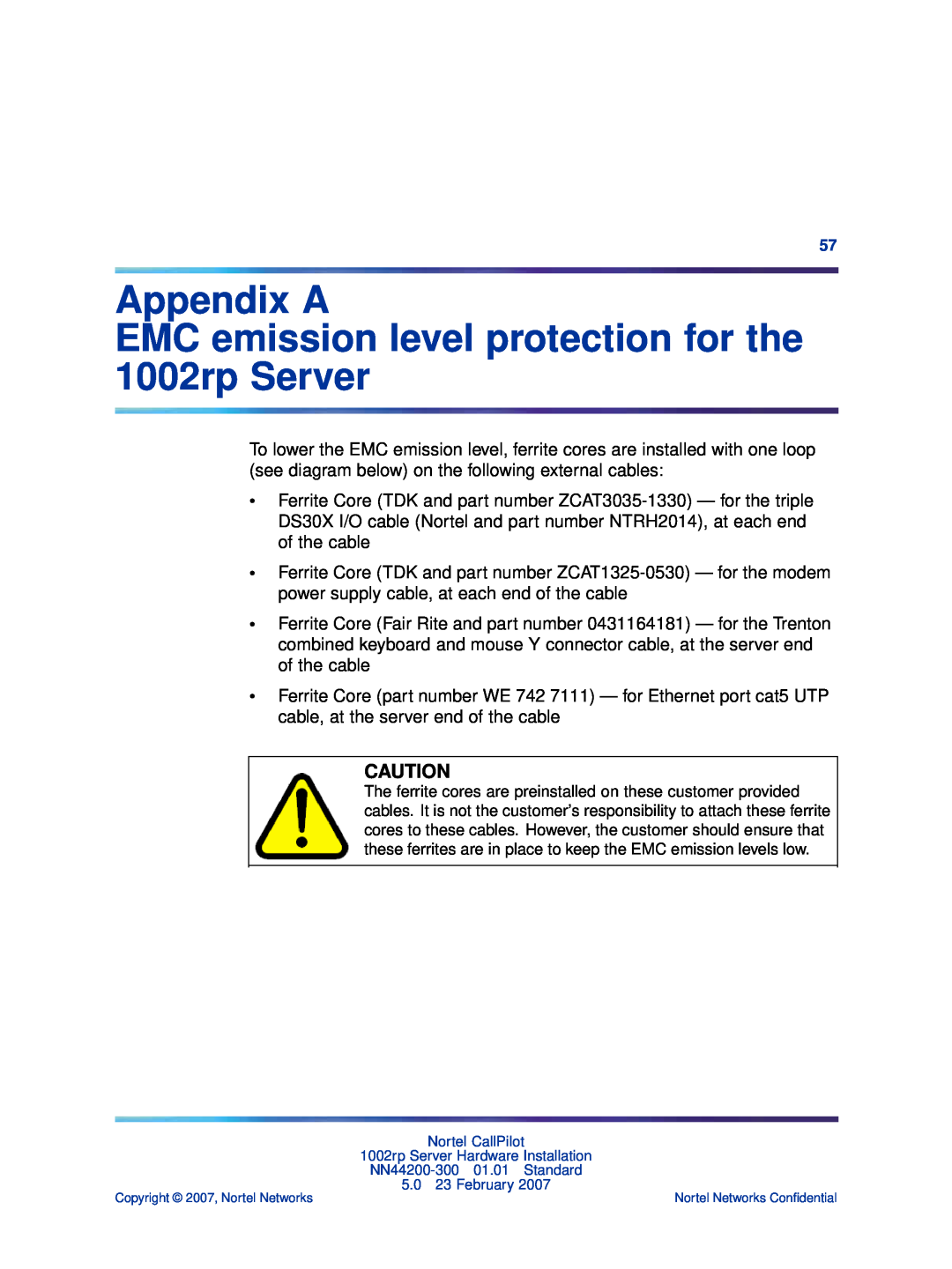 Nortel Networks NN44200-300 manual Appendix A EMC emission level protection for the 1002rp Server 