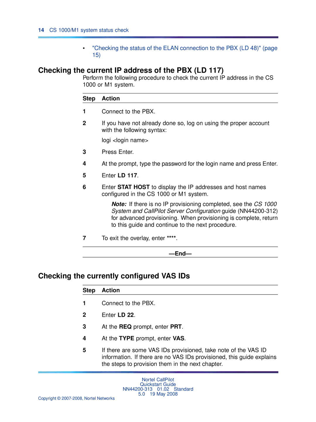 Nortel Networks NN44200-313 Checking the current IP address of the PBX LD, Checking the currently conﬁgured VAS IDs 