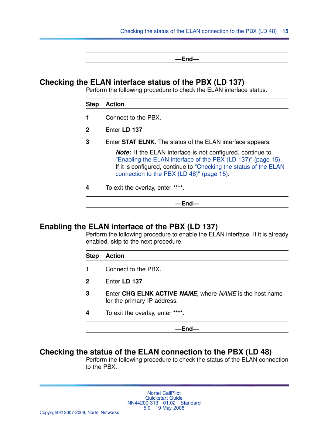 Nortel Networks NN44200-313 Checking the Elan interface status of the PBX LD, Enabling the Elan interface of the PBX LD 