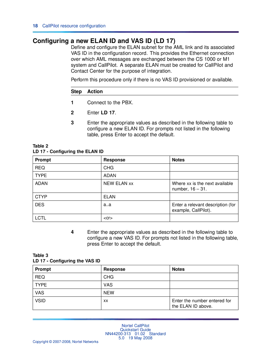 Nortel Networks NN44200-313 Conﬁguring a new Elan ID and VAS ID LD, LD 17 Conﬁguring the Elan ID Prompt Response 