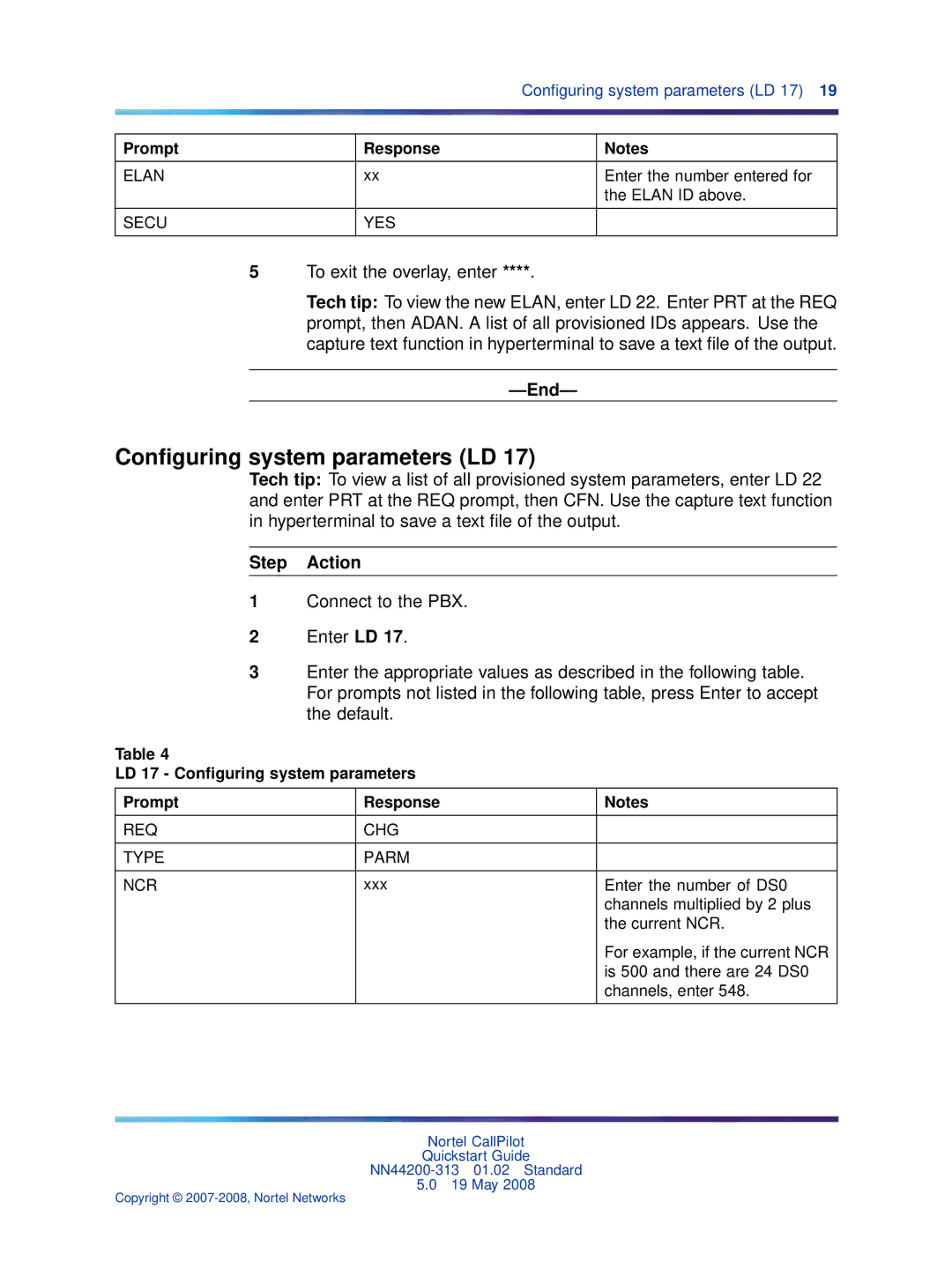 Nortel Networks NN44200-313 quick start Conﬁguring system parameters LD, Prompt Response, Secu YES, REQ CHG Type Parm NCR 