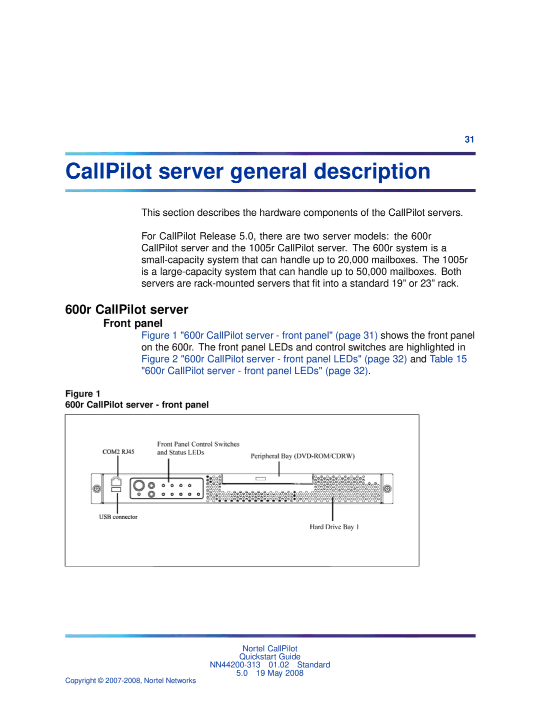 Nortel Networks NN44200-313 quick start CallPilot server general description, 600r CallPilot server front panel 