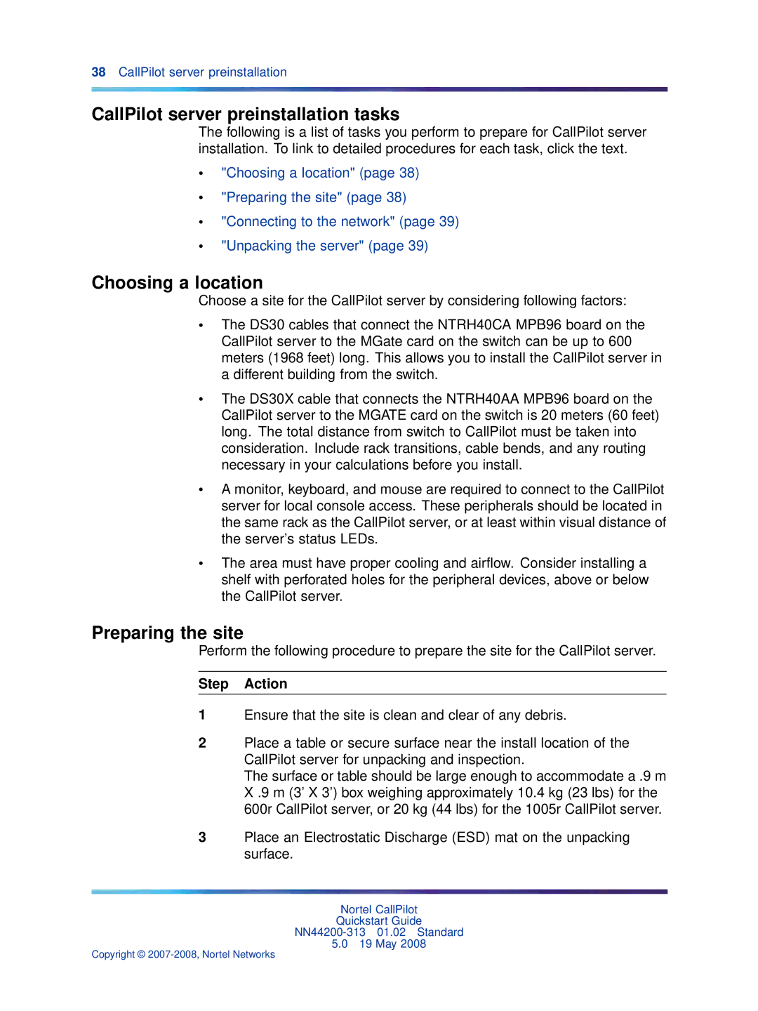 Nortel Networks NN44200-313 quick start CallPilot server preinstallation tasks, Choosing a location, Preparing the site 