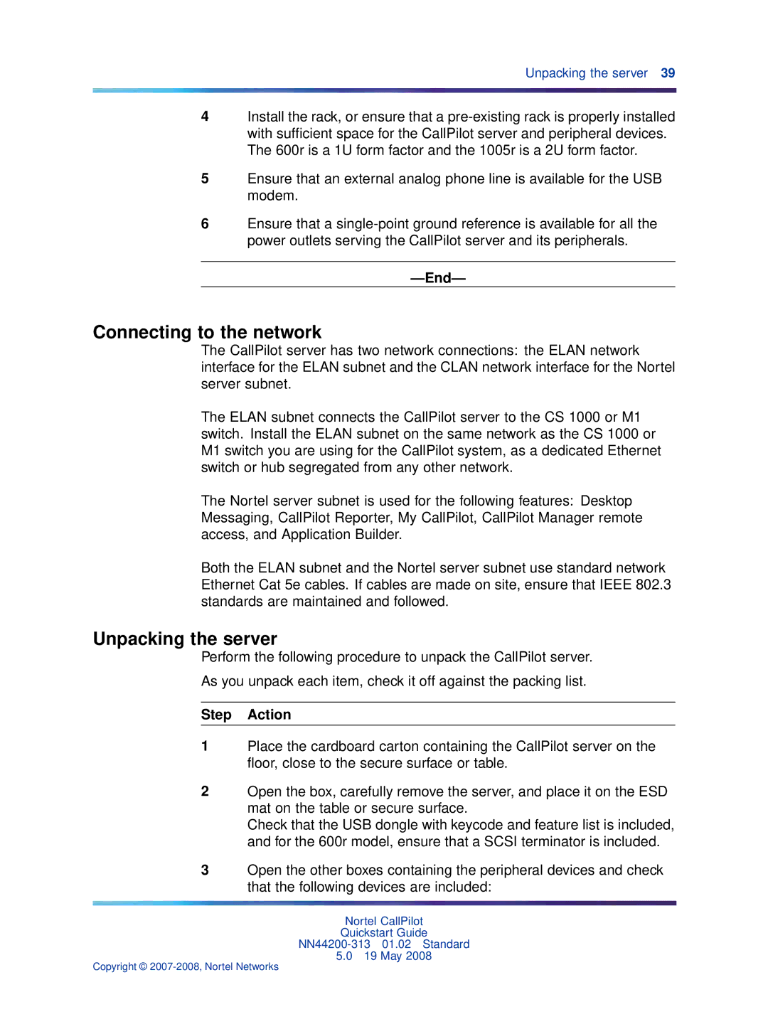 Nortel Networks NN44200-313 quick start Connecting to the network, Unpacking the server 