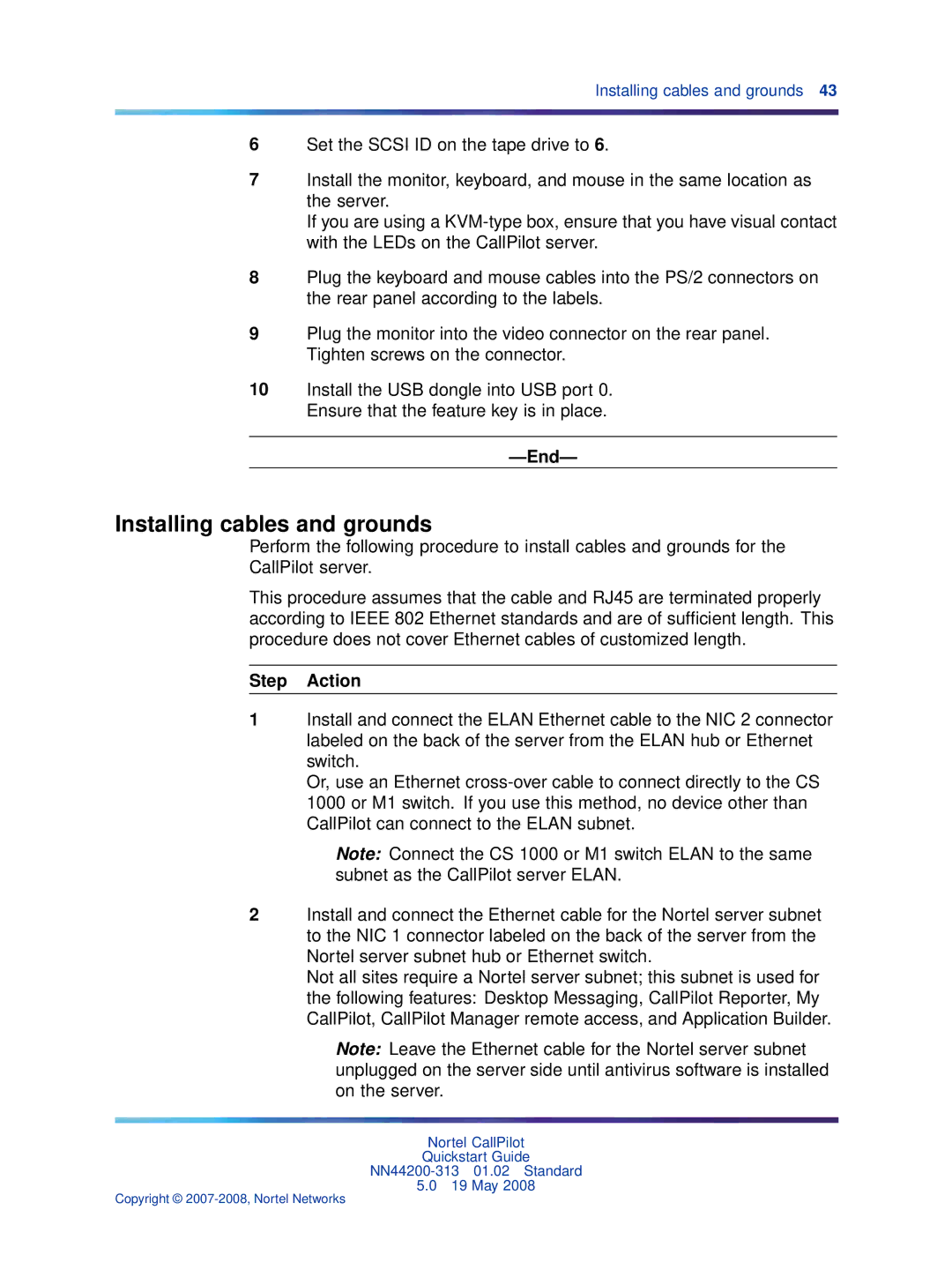 Nortel Networks NN44200-313 quick start Installing cables and grounds 