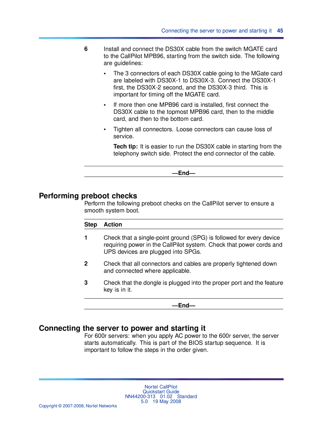 Nortel Networks NN44200-313 quick start Performing preboot checks, Connecting the server to power and starting it 