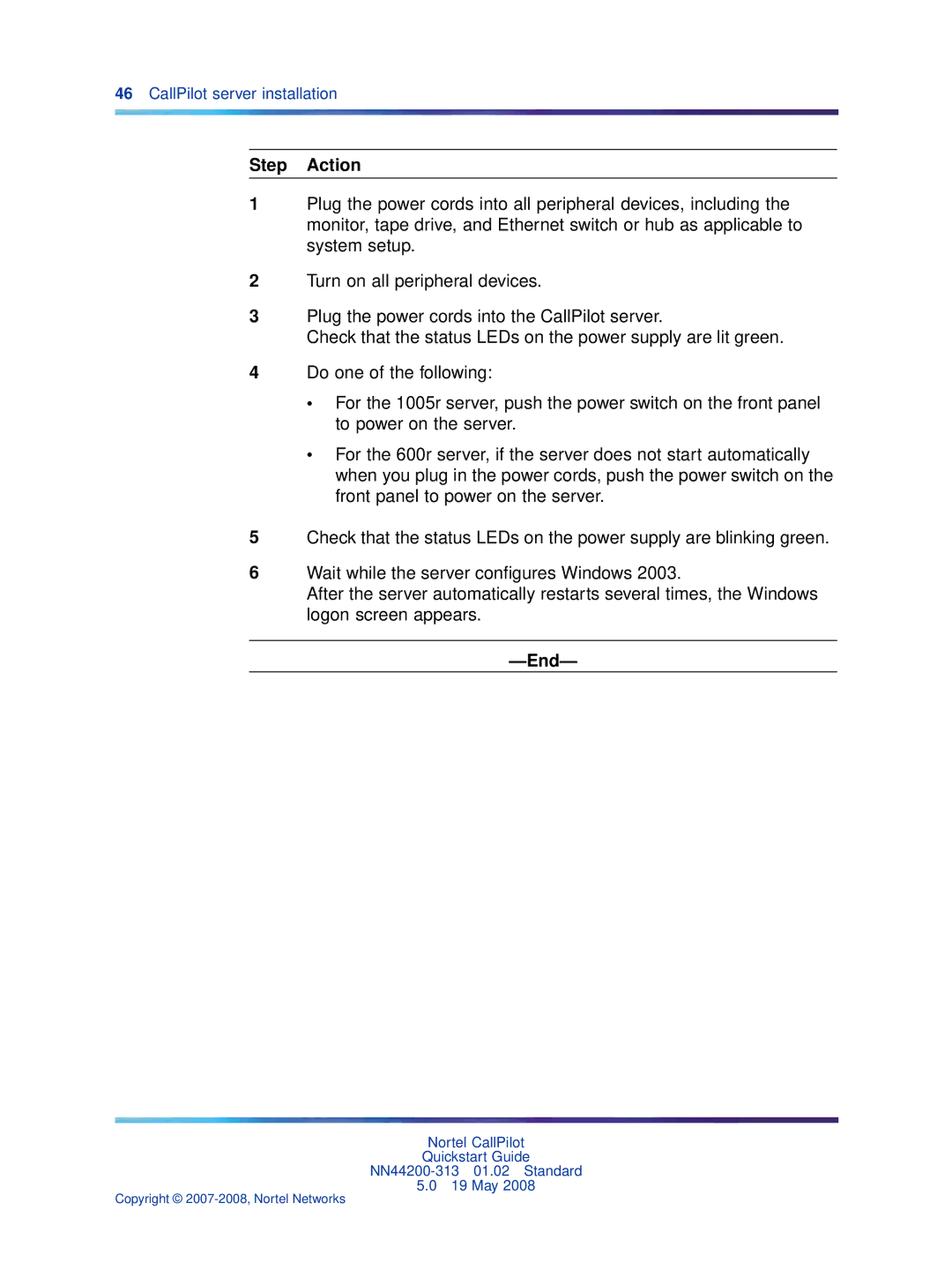 Nortel Networks NN44200-313 quick start Step Action 