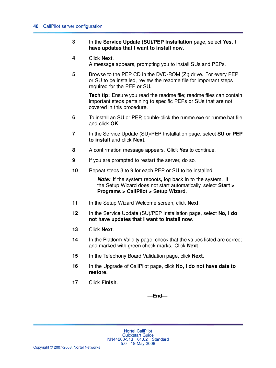 Nortel Networks NN44200-313 quick start CallPilot server conﬁguration 