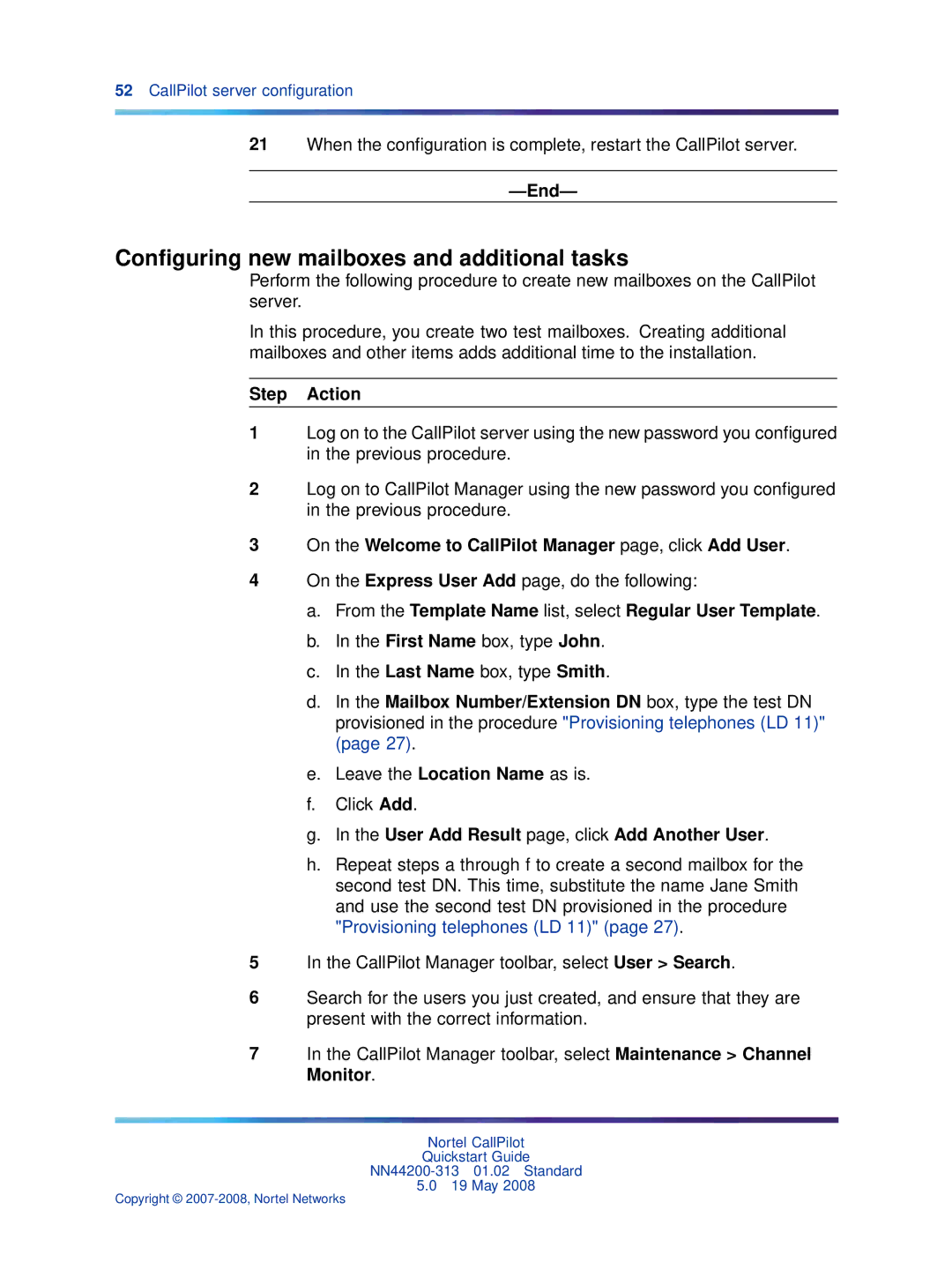 Nortel Networks NN44200-313 quick start Conﬁguring new mailboxes and additional tasks 