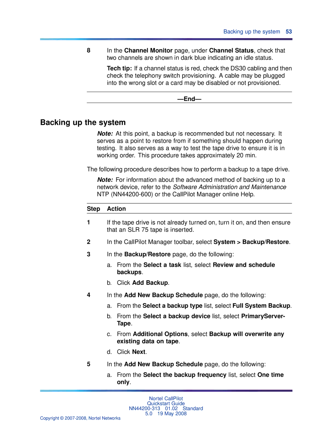 Nortel Networks NN44200-313 quick start Backing up the system 