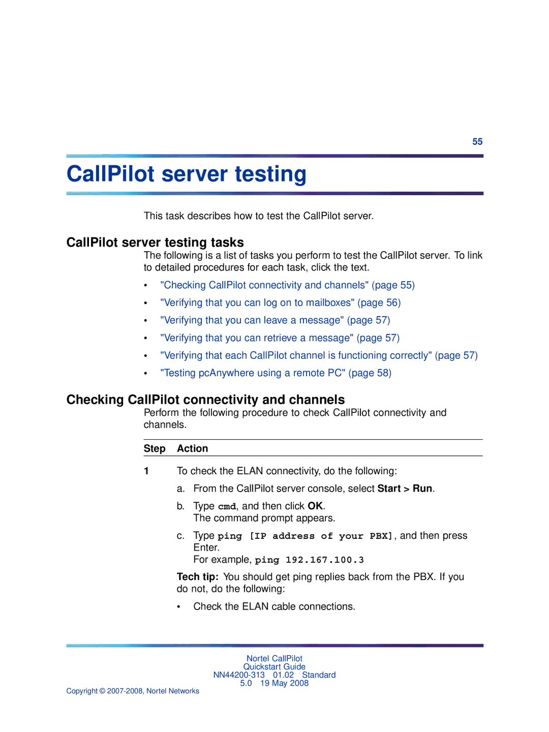 Nortel Networks NN44200-313 quick start CallPilot server testing tasks, Checking CallPilot connectivity and channels 