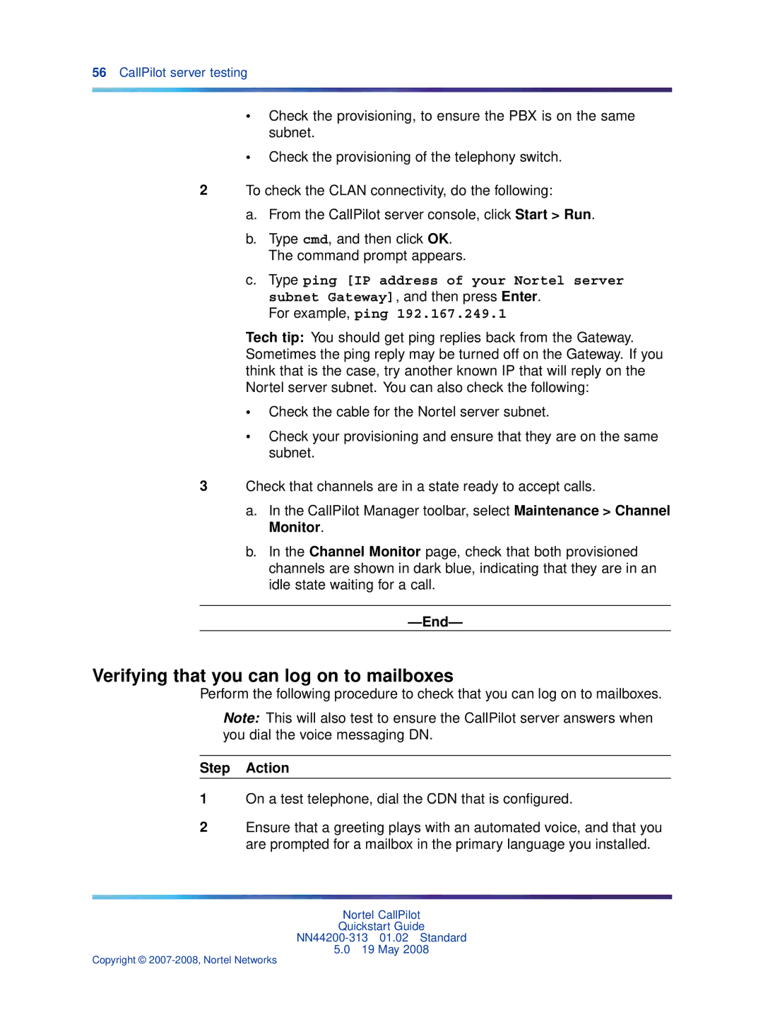 Nortel Networks NN44200-313 quick start Verifying that you can log on to mailboxes 