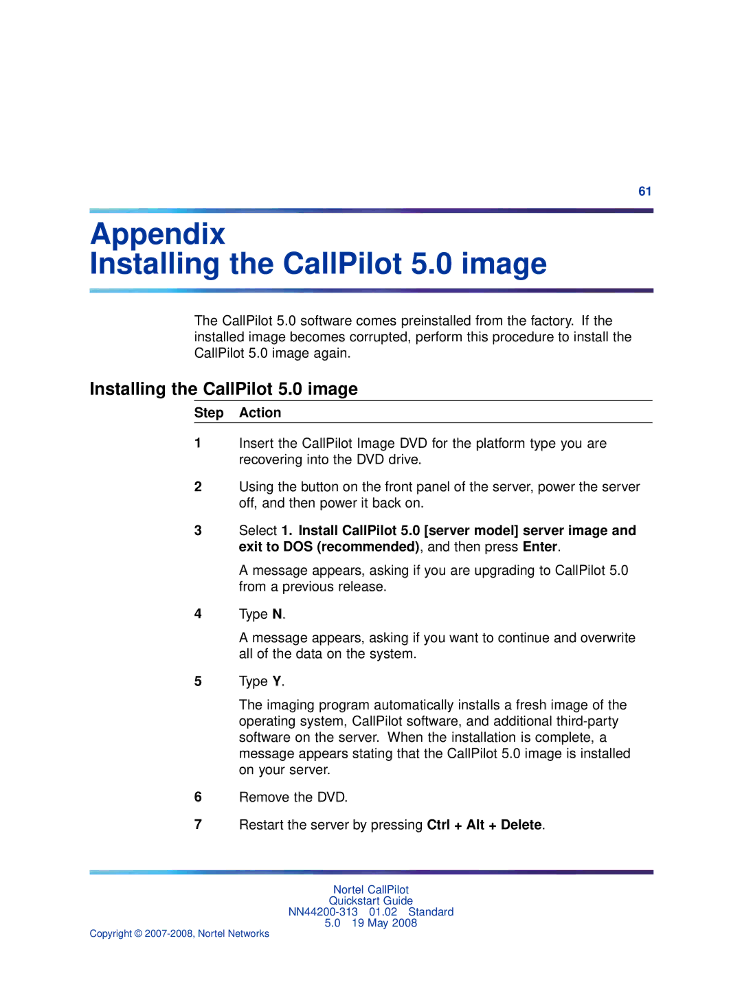 Nortel Networks NN44200-313 quick start Appendix Installing the CallPilot 5.0 image 