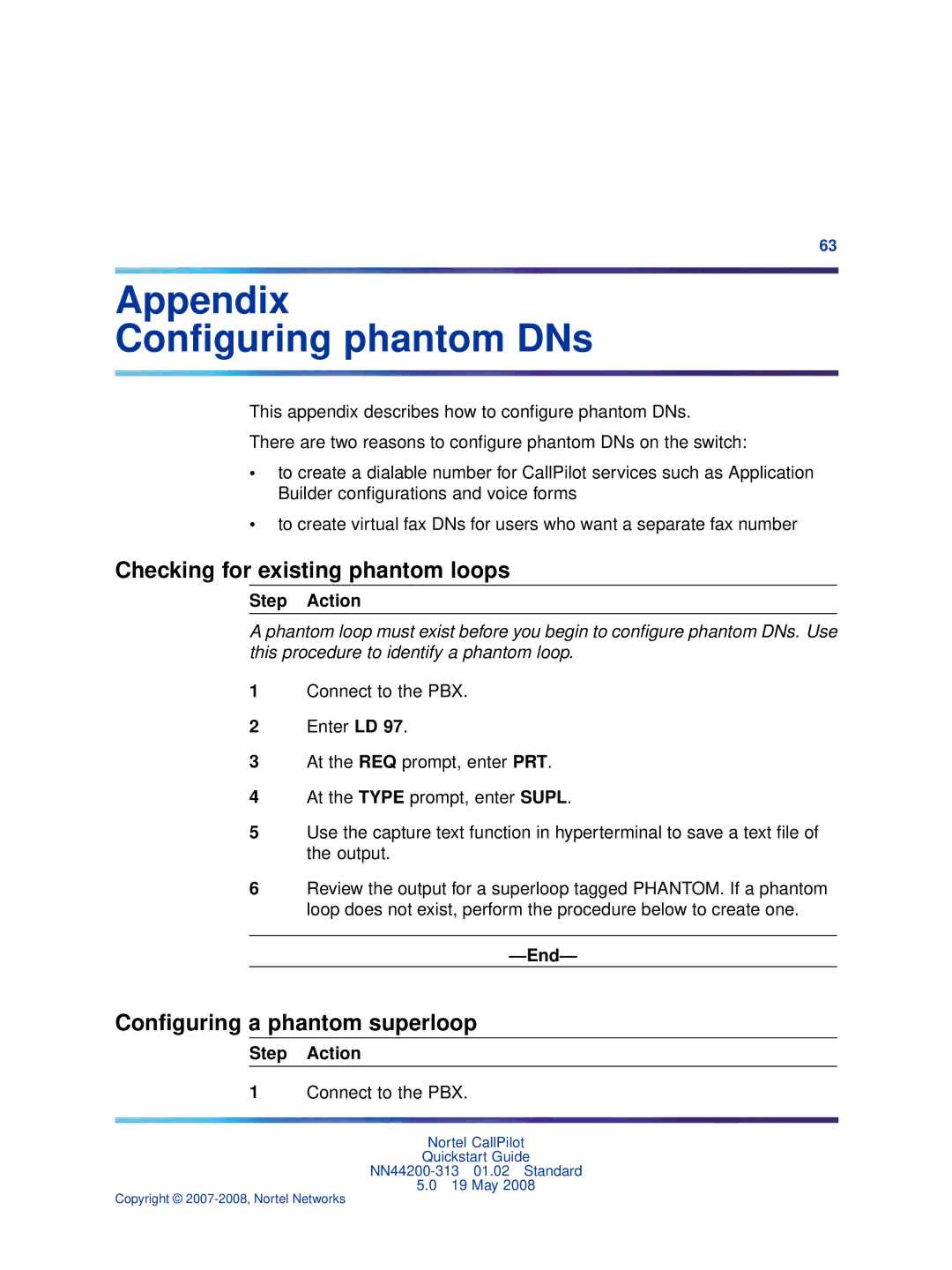 Nortel Networks NN44200-313 quick start Appendix Conﬁguring phantom DNs, Checking for existing phantom loops 