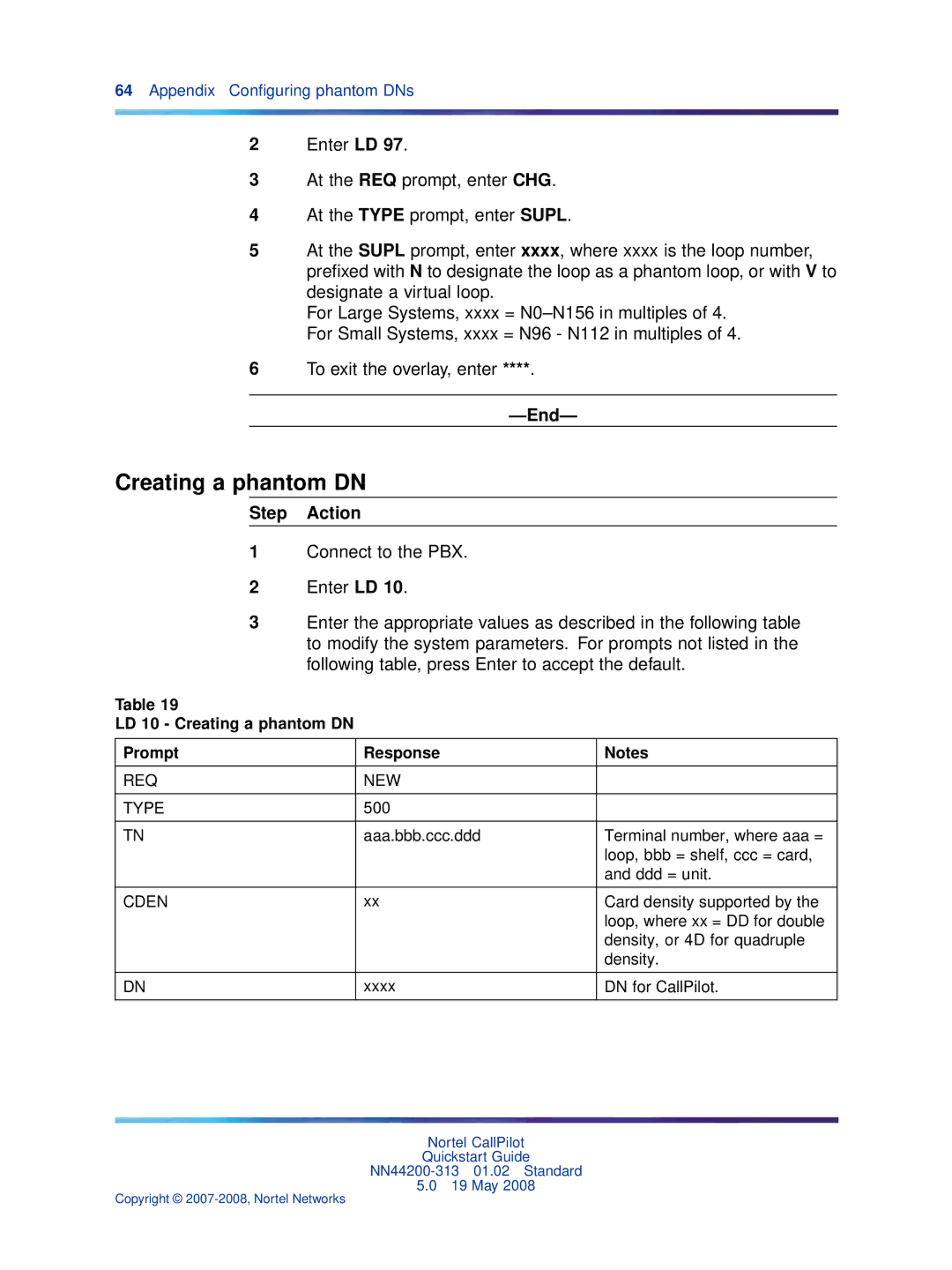 Nortel Networks NN44200-313 quick start LD 10 Creating a phantom DN Prompt Response, Cden 