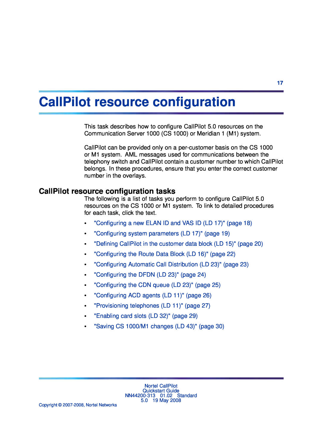 Nortel Networks NN44200-313 CallPilot resource conﬁguration tasks, Conﬁguring a new ELAN ID and VAS ID LD 17 page 