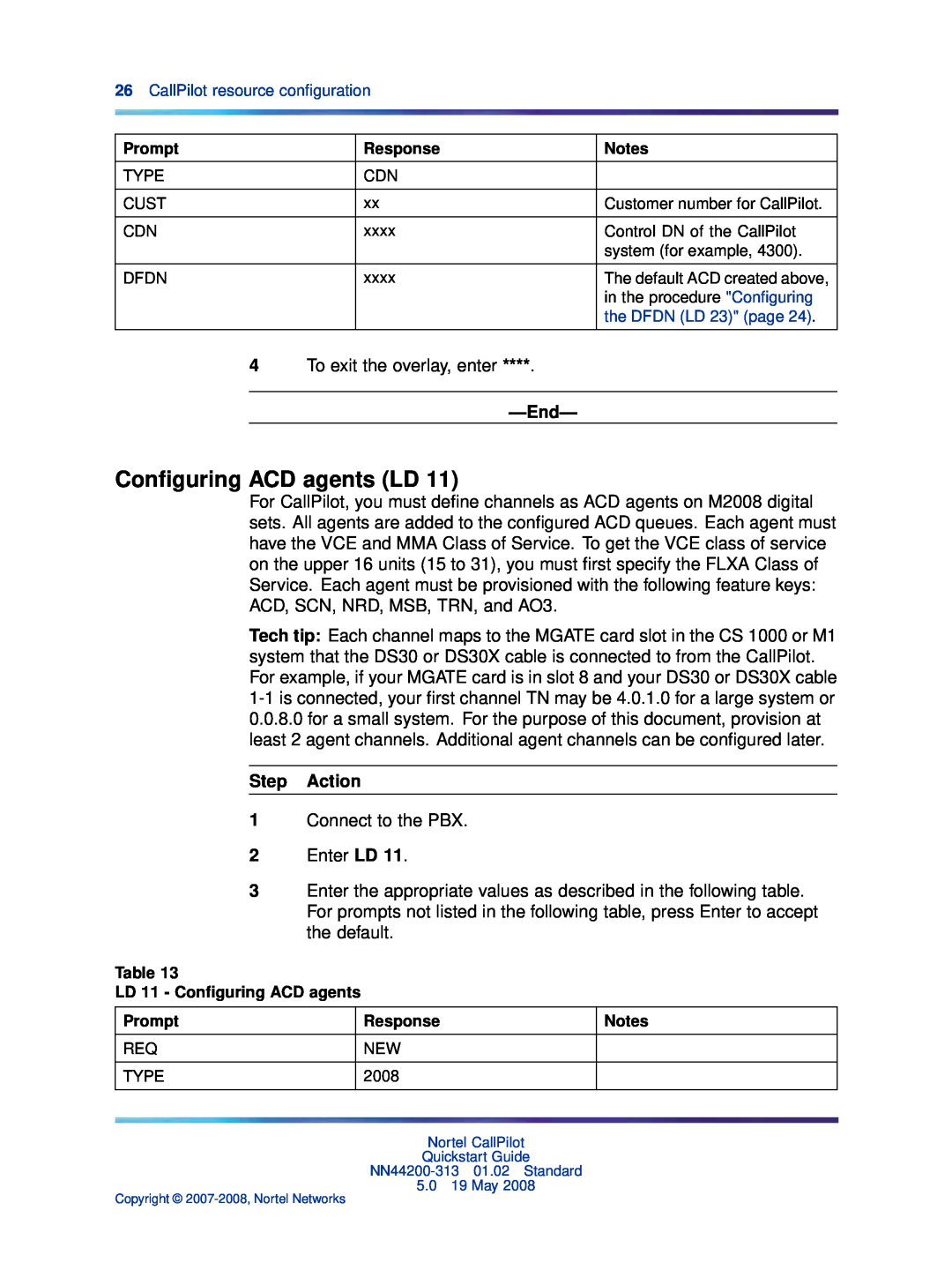 Nortel Networks NN44200-313 Conﬁguring ACD agents LD, Step Action, CallPilot resource conﬁguration, the DFDN LD 23 page 