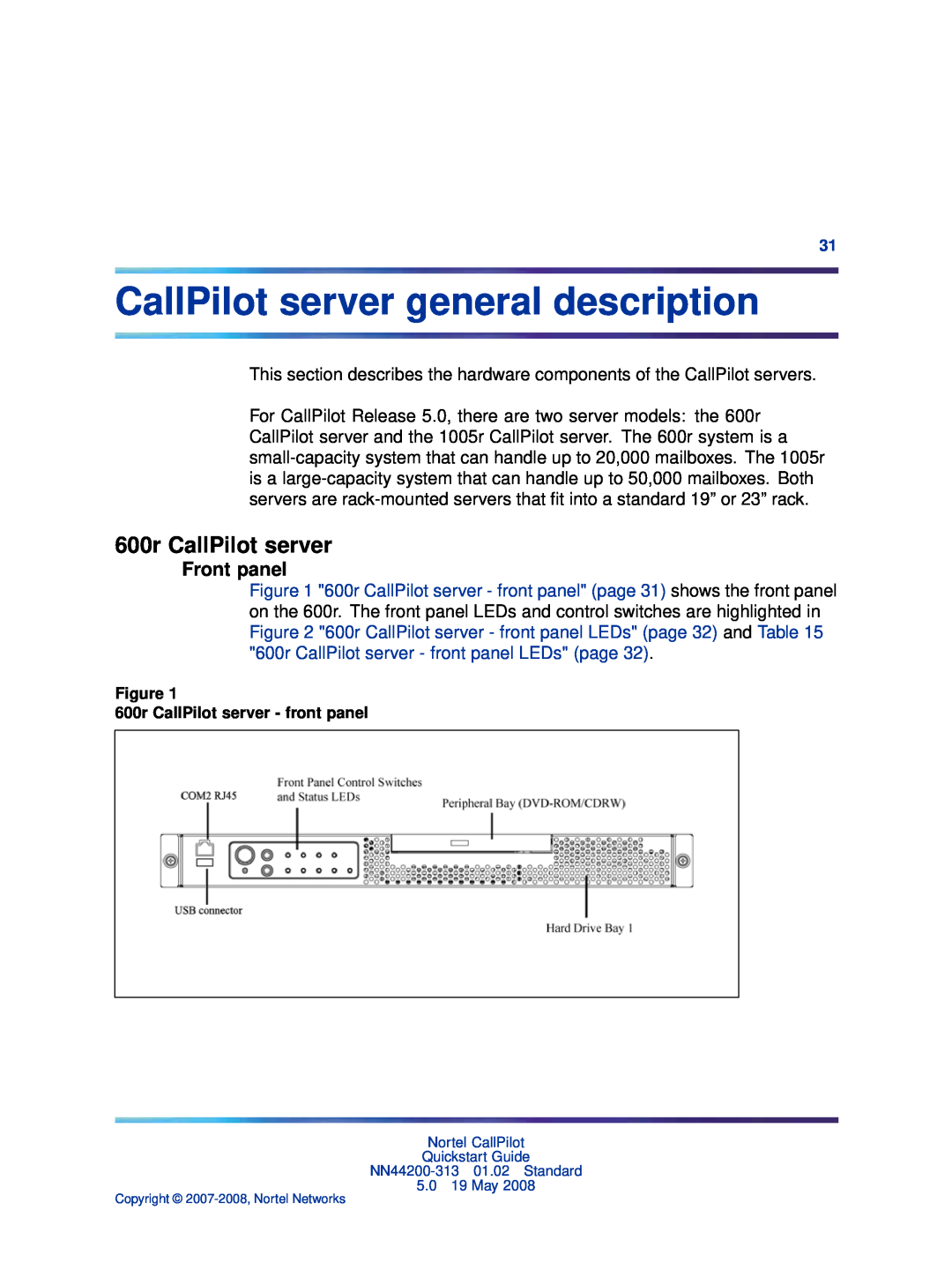 Nortel Networks NN44200-313 quick start CallPilot server general description, 600r CallPilot server, Front panel 