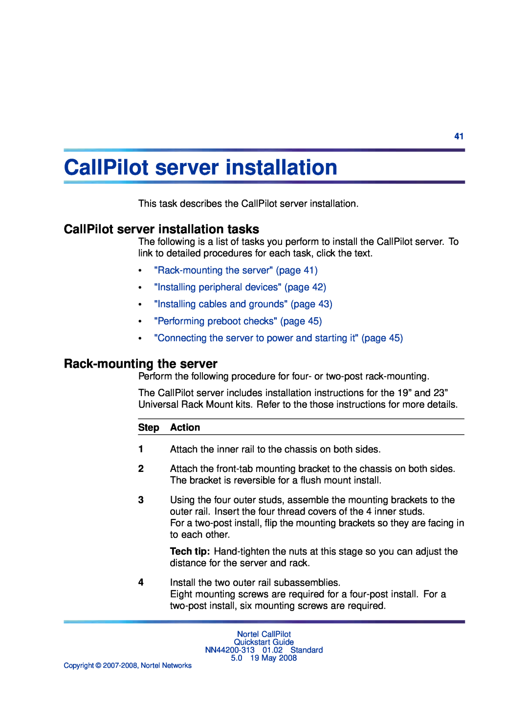 Nortel Networks NN44200-313 quick start CallPilot server installation tasks, Rack-mounting the server, Step Action 