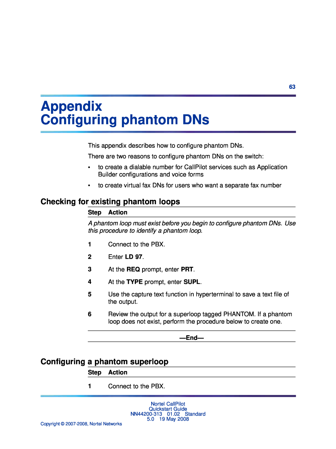 Nortel Networks NN44200-313 quick start Appendix Conﬁguring phantom DNs, Checking for existing phantom loops, Step Action 
