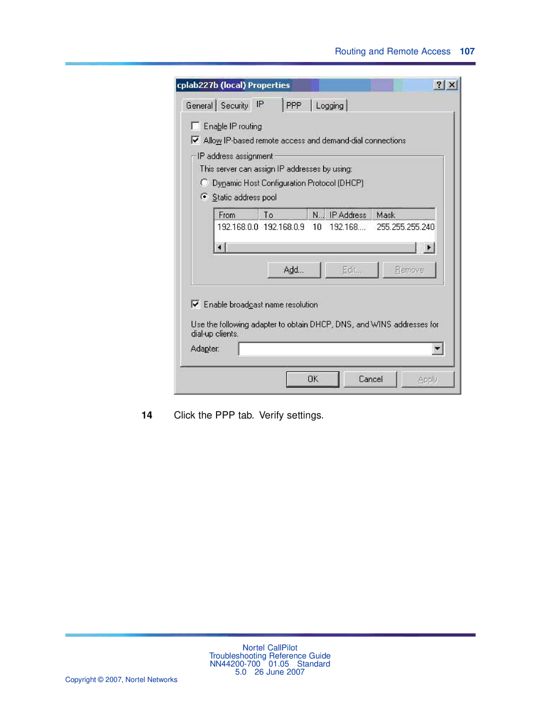 Nortel Networks NN44200-700 manual Click the PPP tab. Verify settings 