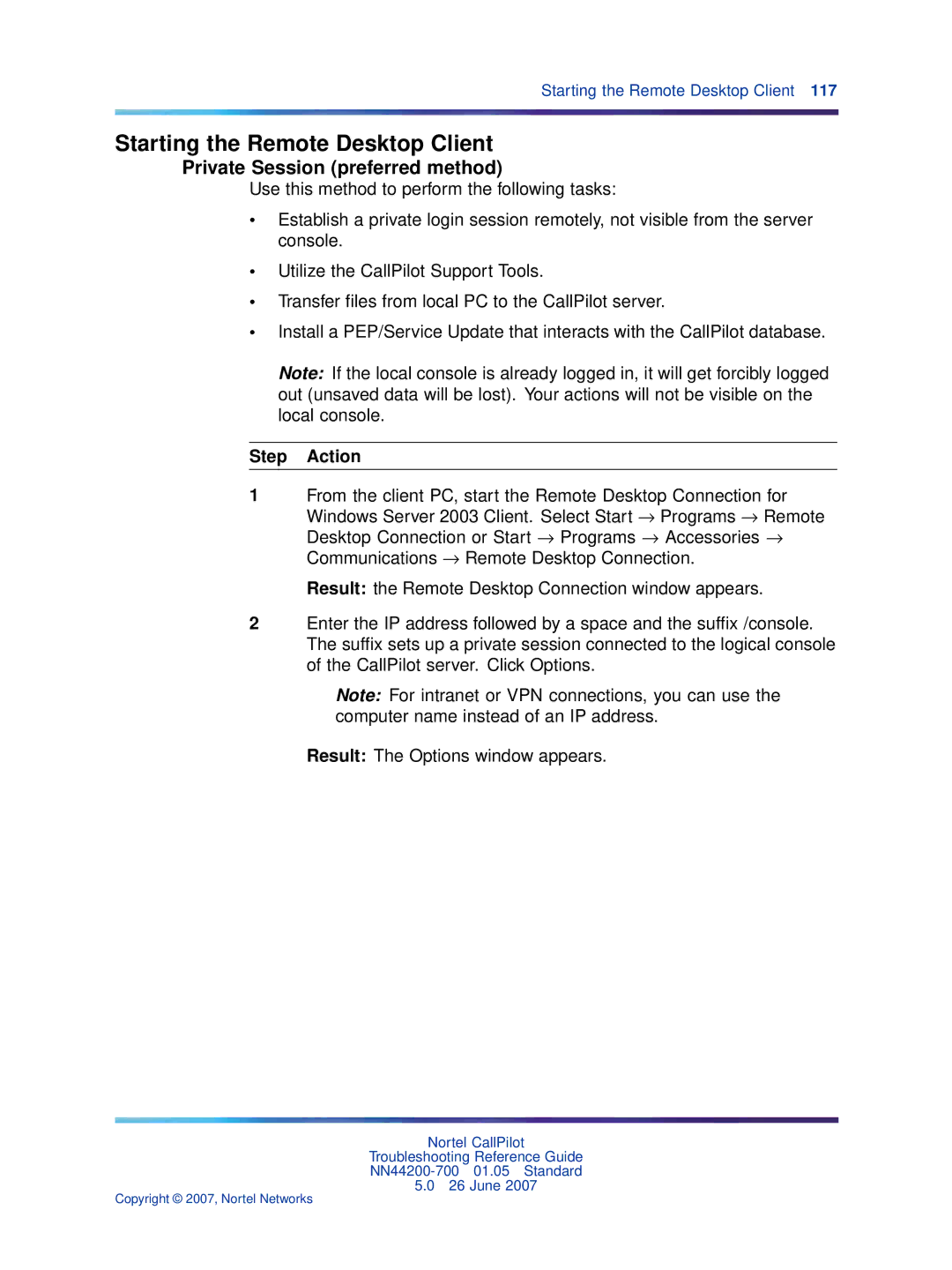 Nortel Networks NN44200-700 manual Starting the Remote Desktop Client, Private Session preferred method 