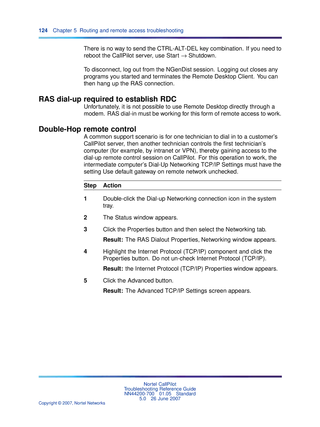 Nortel Networks NN44200-700 manual RAS dial-up required to establish RDC, Double-Hop remote control 