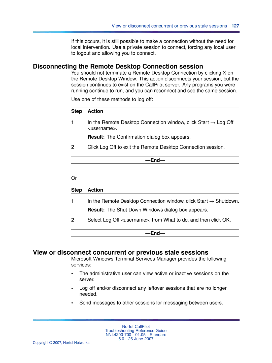 Nortel Networks NN44200-700 manual Disconnecting the Remote Desktop Connection session 