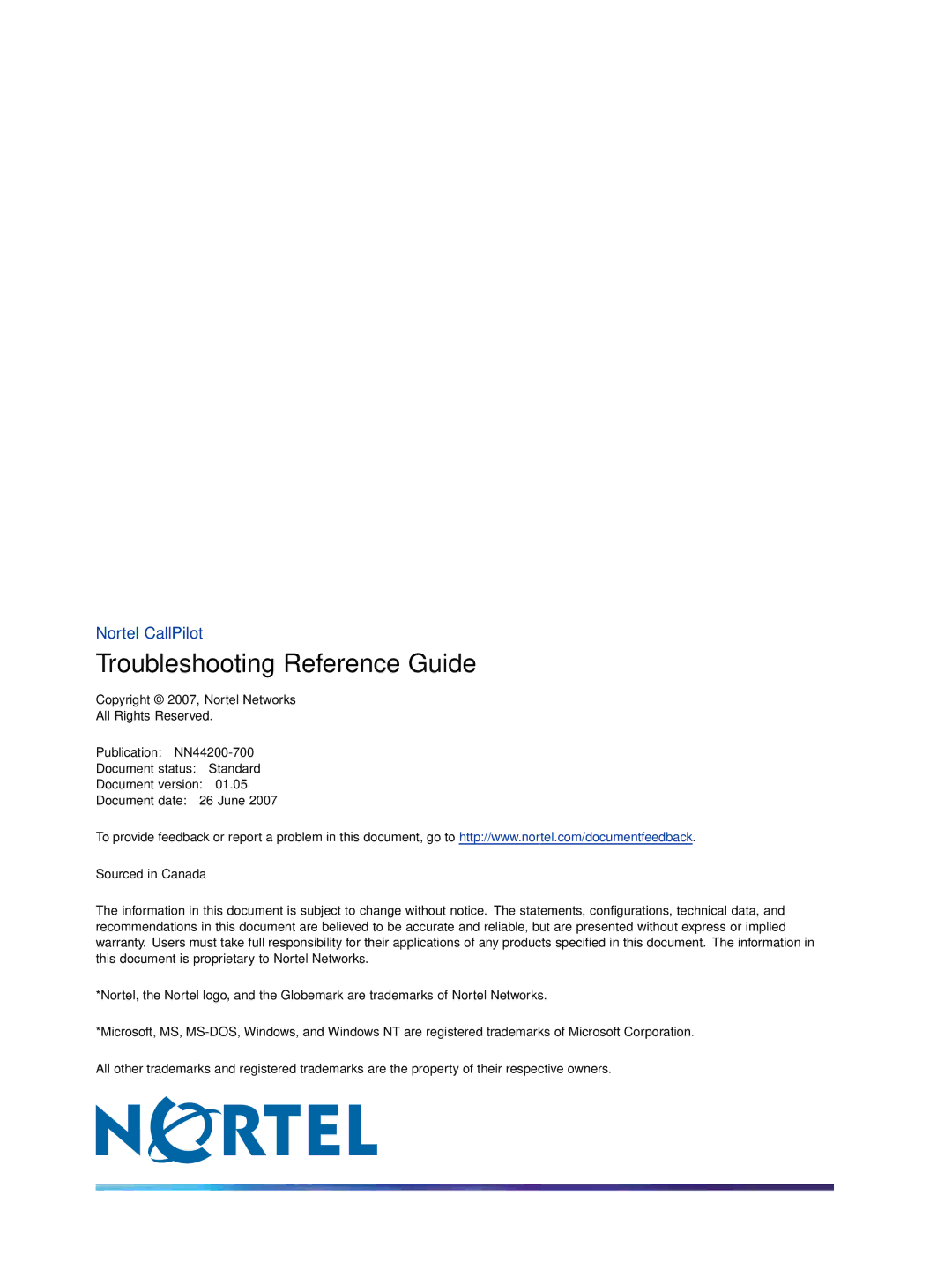 Nortel Networks NN44200-700 manual Troubleshooting Reference Guide 