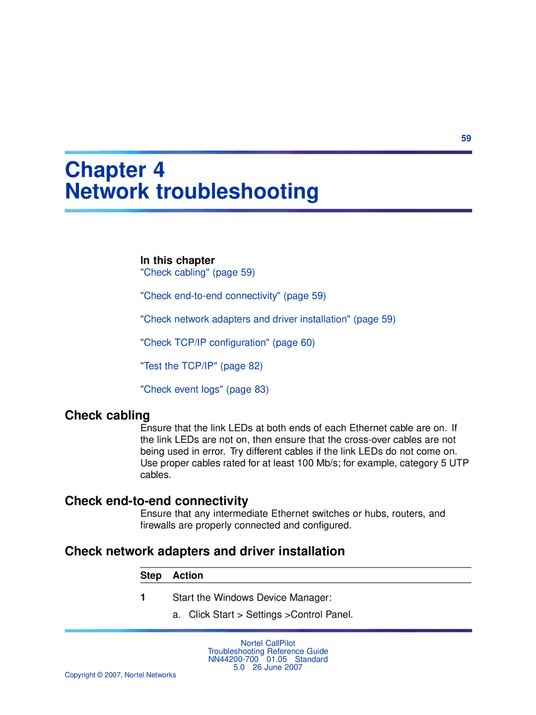 Nortel Networks NN44200-700 Check cabling, Check end-to-end connectivity, Check network adapters and driver installation 