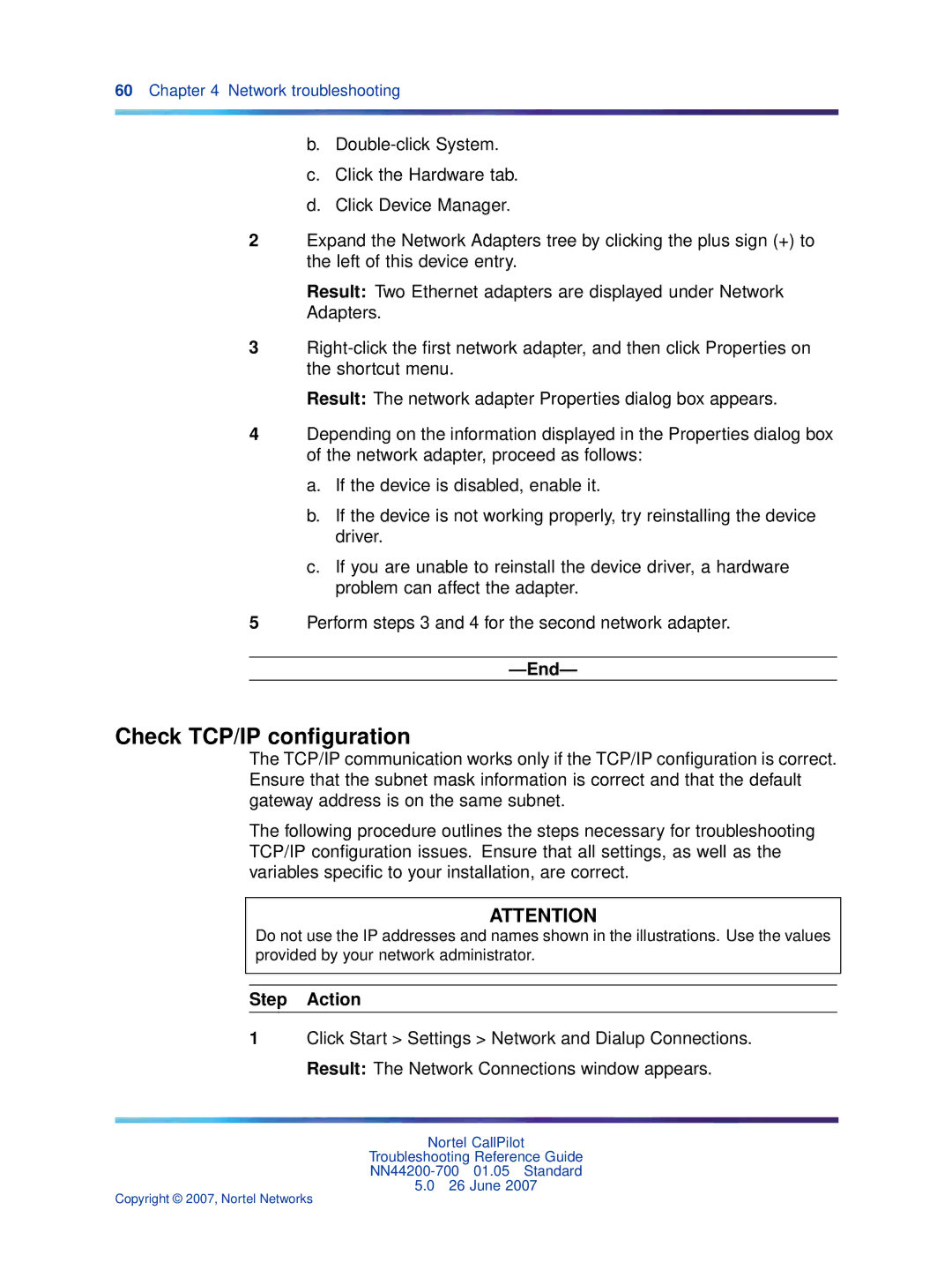 Nortel Networks NN44200-700 manual Check TCP/IP conﬁguration 