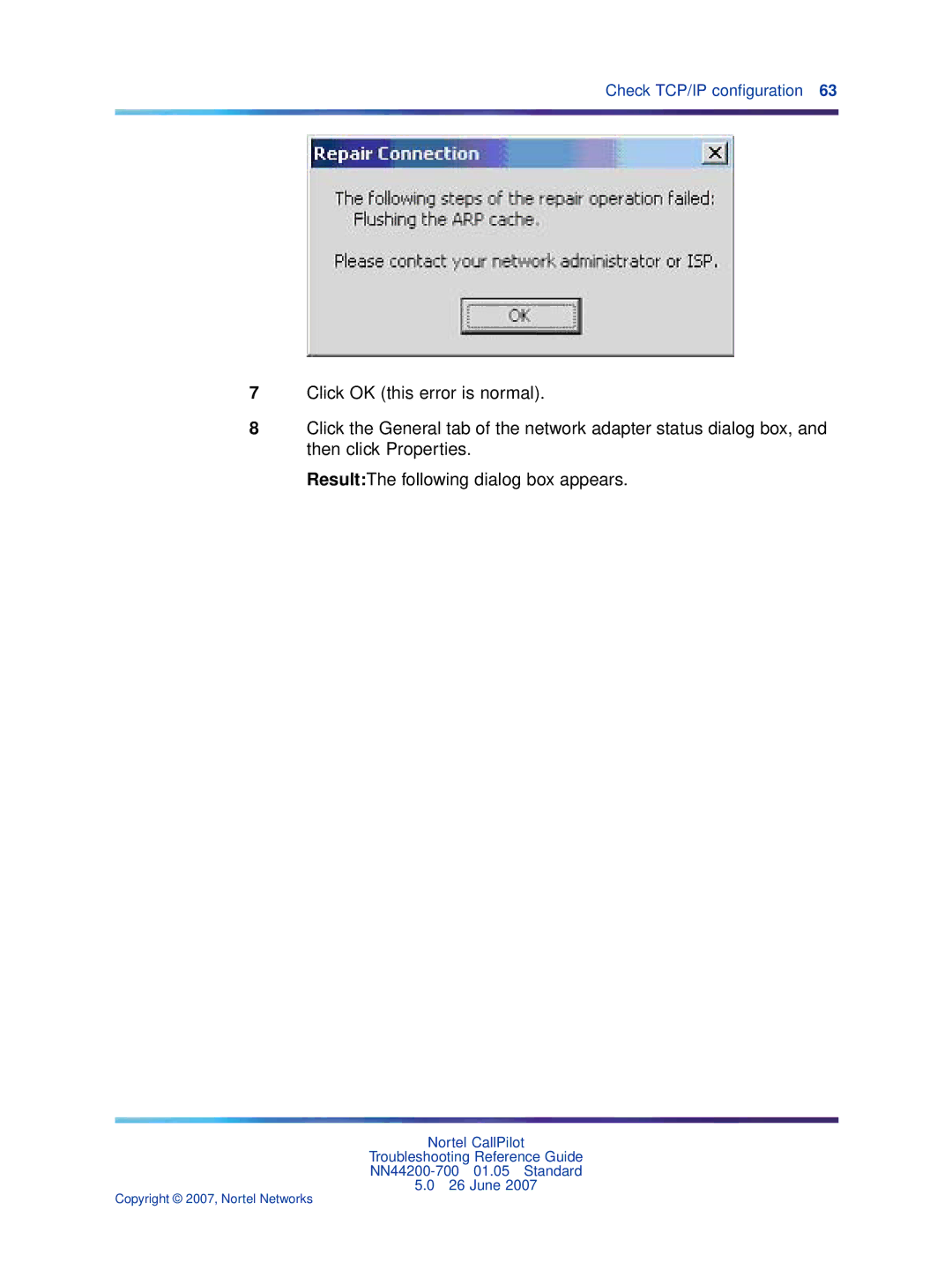 Nortel Networks NN44200-700 manual Check TCP/IP conﬁguration 