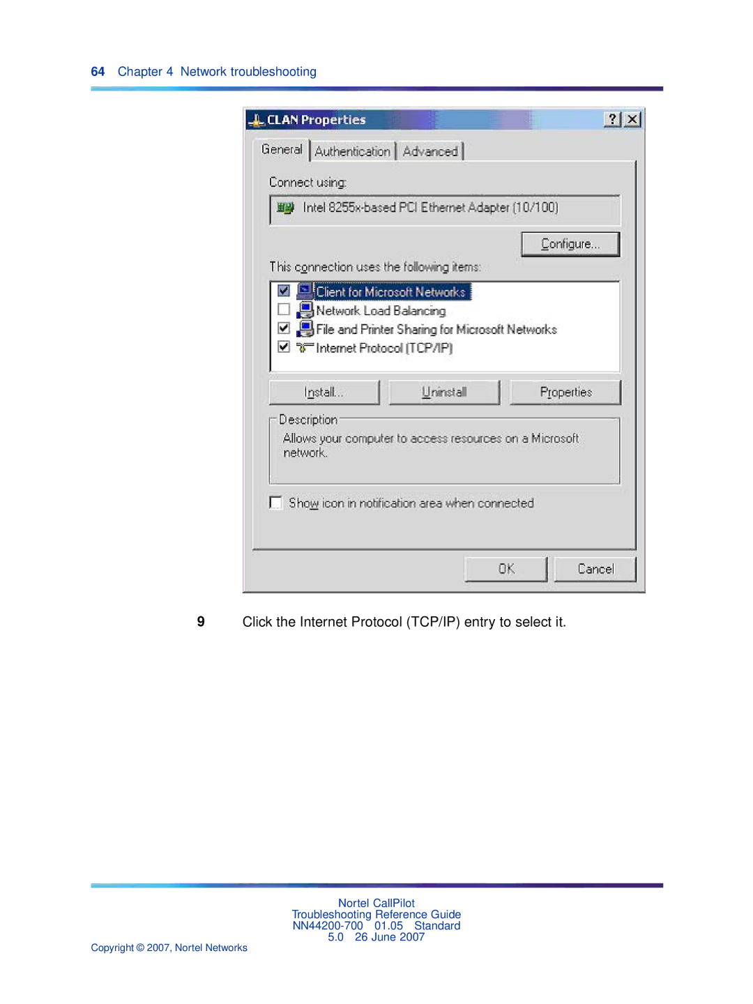 Nortel Networks NN44200-700 manual Click the Internet Protocol TCP/IP entry to select it 