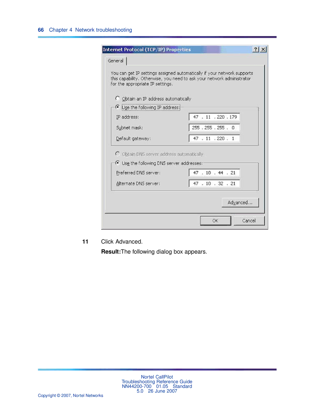 Nortel Networks NN44200-700 manual Click Advanced ResultThe following dialog box appears 