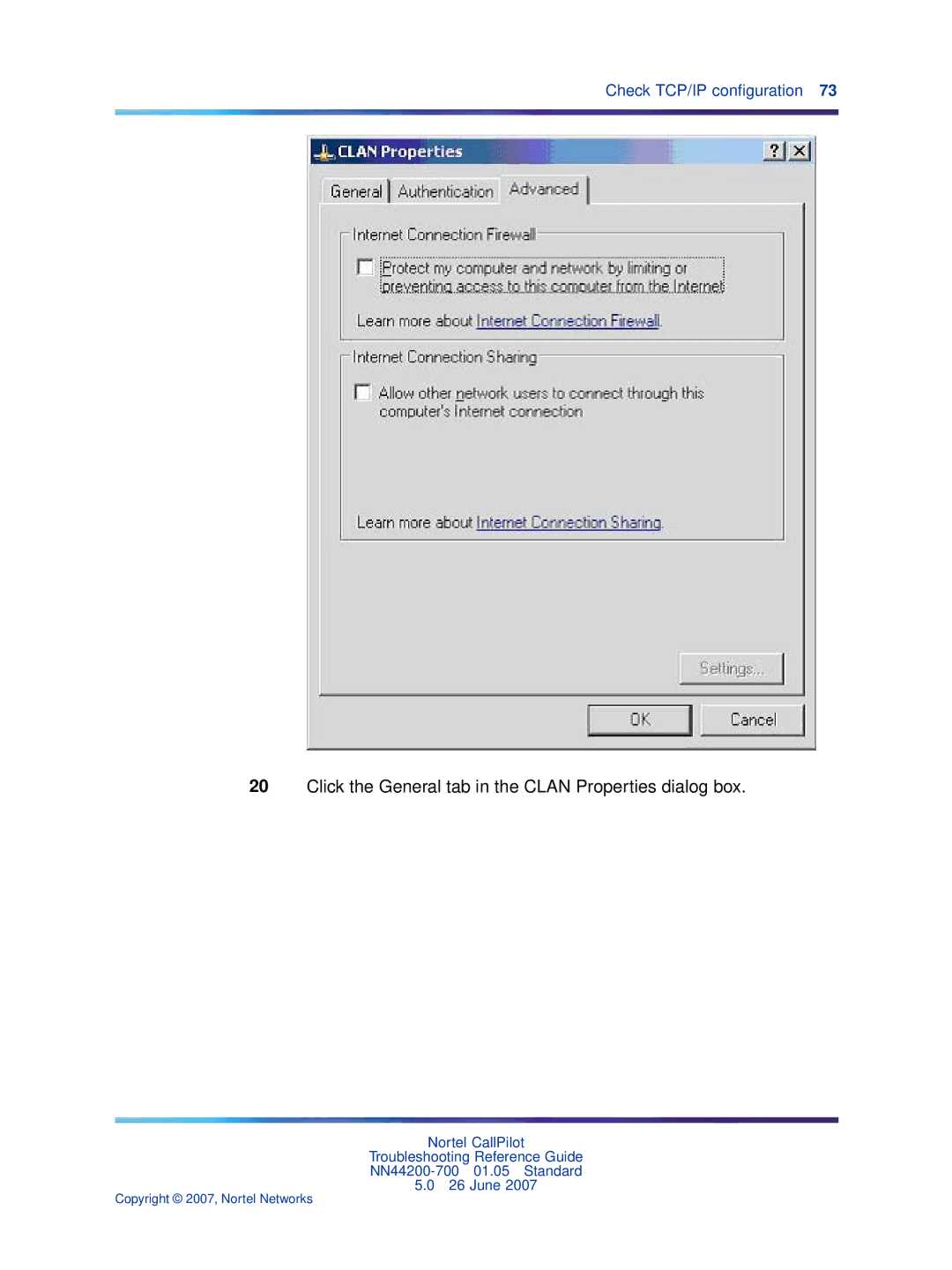 Nortel Networks NN44200-700 manual Click the General tab in the Clan Properties dialog box 