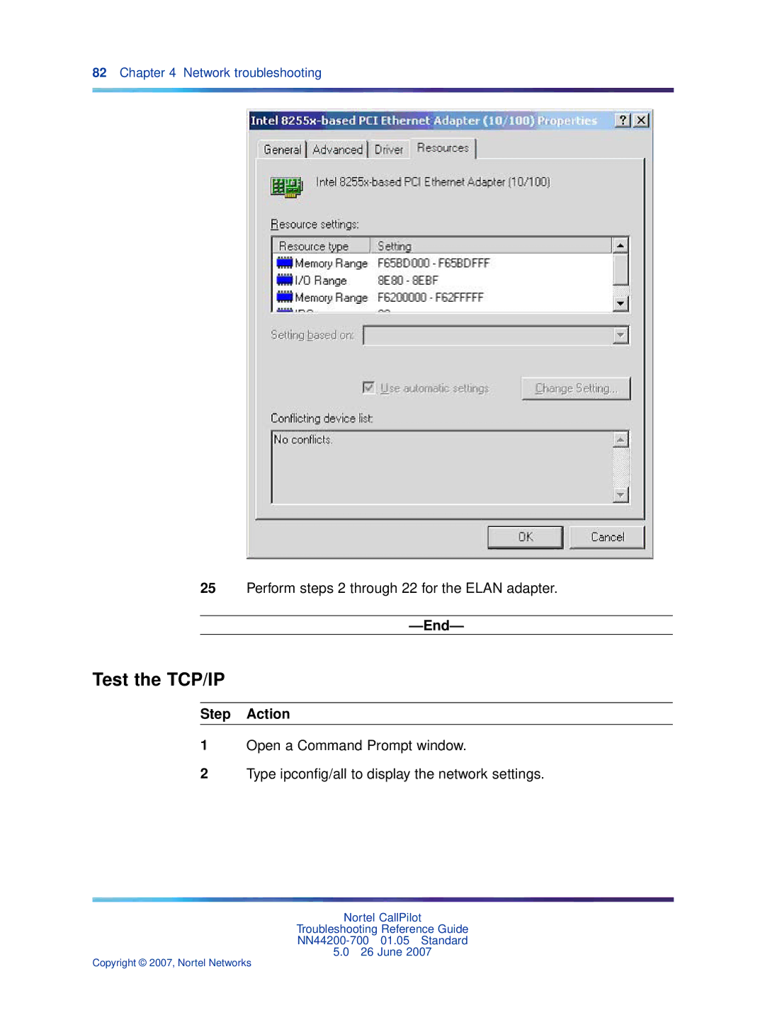 Nortel Networks NN44200-700 manual Test the TCP/IP, Perform steps 2 through 22 for the Elan adapter 