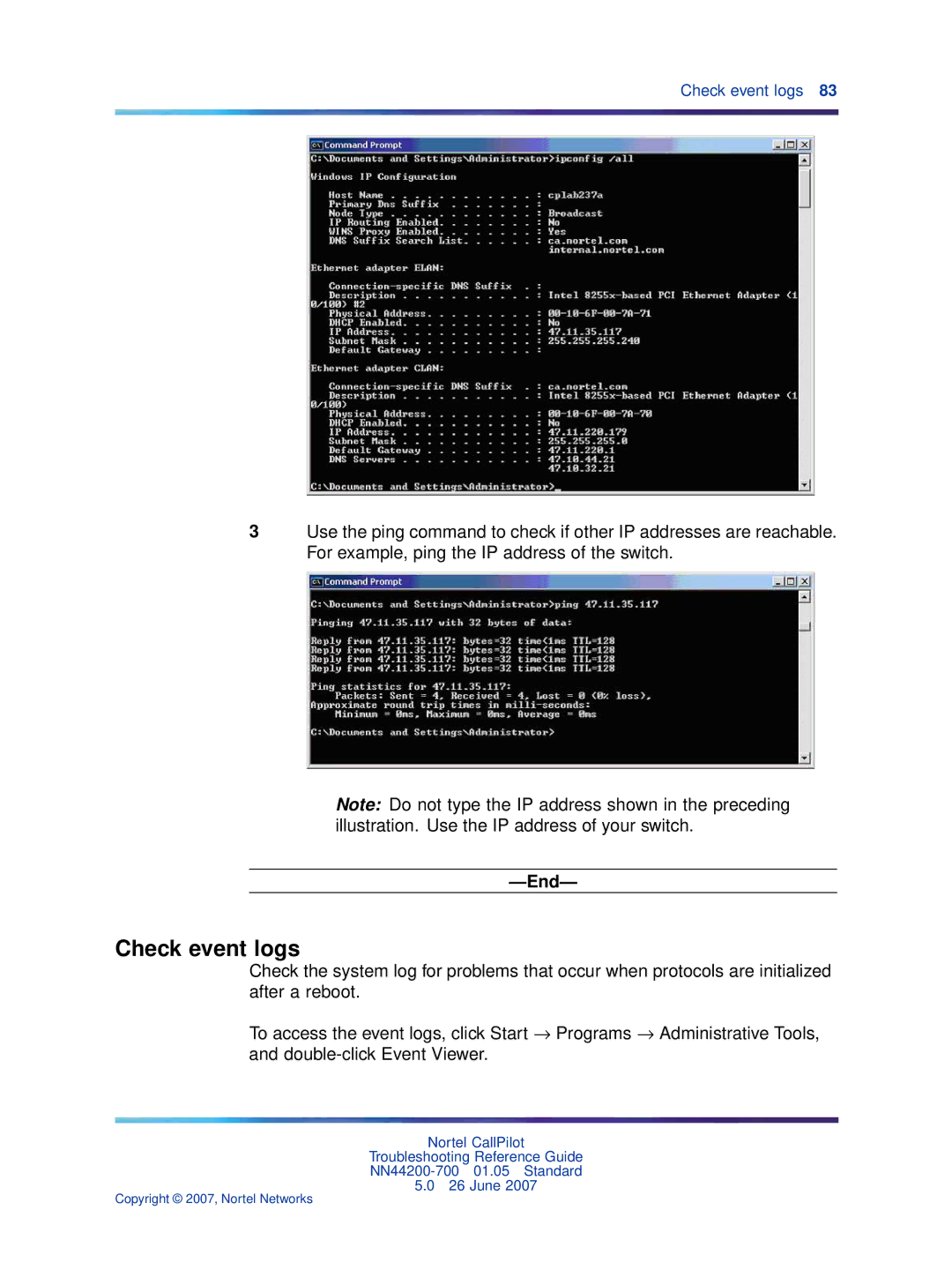 Nortel Networks NN44200-700 manual Check event logs 