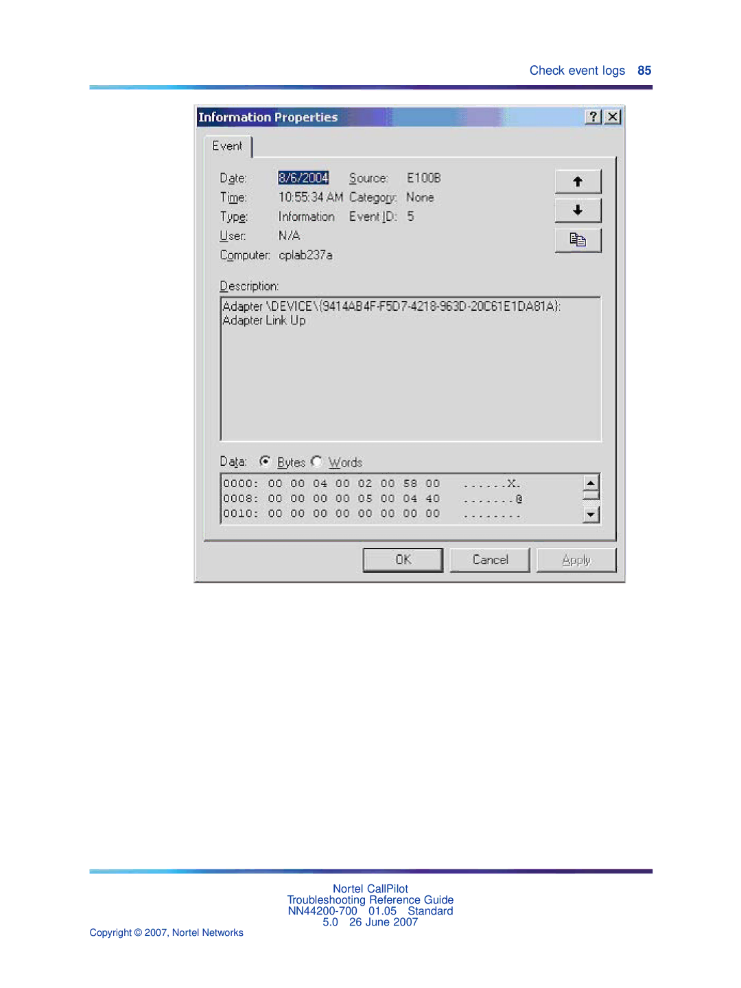 Nortel Networks NN44200-700 manual Check event logs 