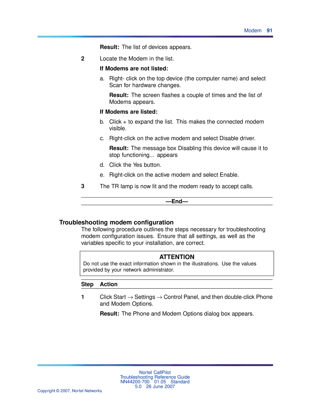 Nortel Networks NN44200-700 manual Troubleshooting modem conﬁguration, If Modems are not listed 