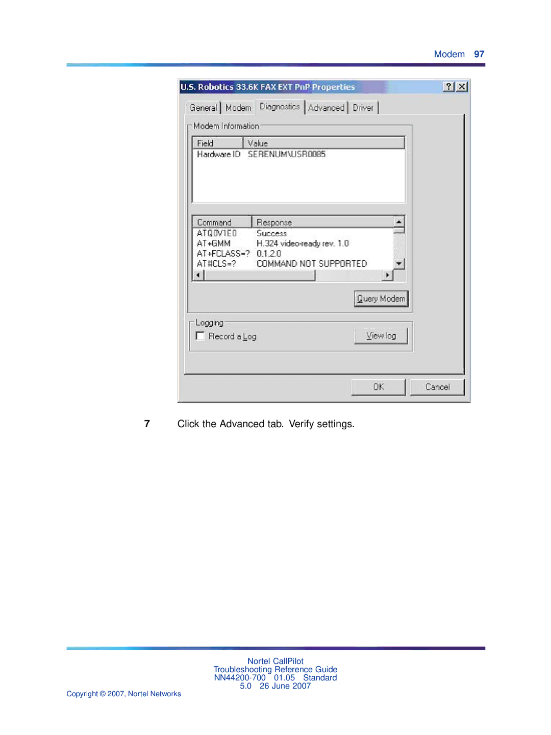 Nortel Networks NN44200-700 manual Click the Advanced tab. Verify settings 