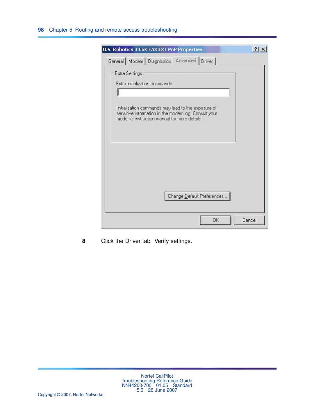 Nortel Networks NN44200-700 manual Click the Driver tab. Verify settings 