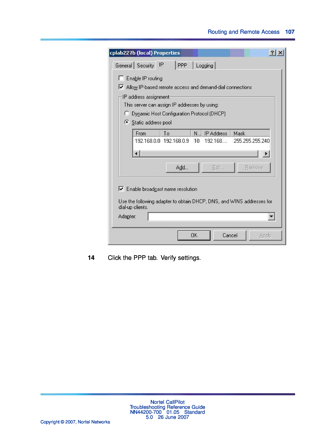 Nortel Networks NN44200-700 Click the PPP tab. Verify settings, Routing and Remote Access, Copyright 2007, Nortel Networks 