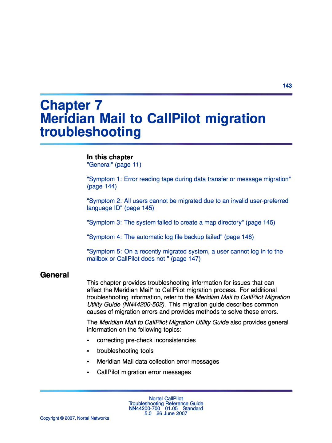 Nortel Networks NN44200-700 manual Chapter Meridian Mail to CallPilot migration troubleshooting, General, In this chapter 