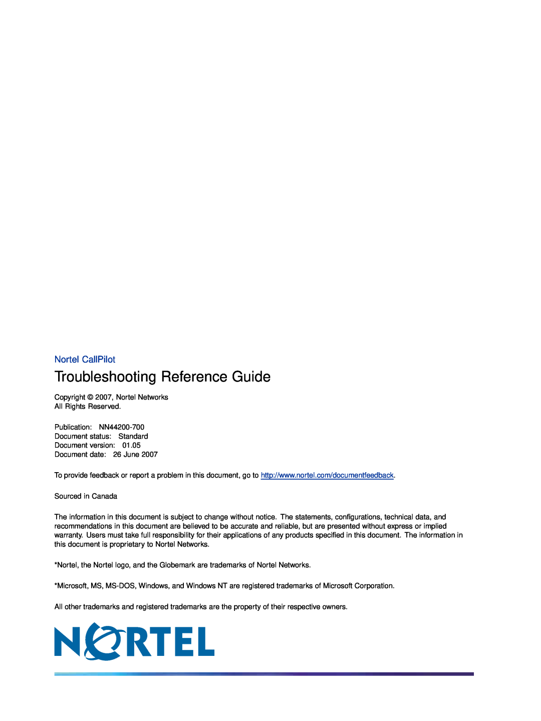 Nortel Networks NN44200-700 manual Troubleshooting Reference Guide, Nortel CallPilot 