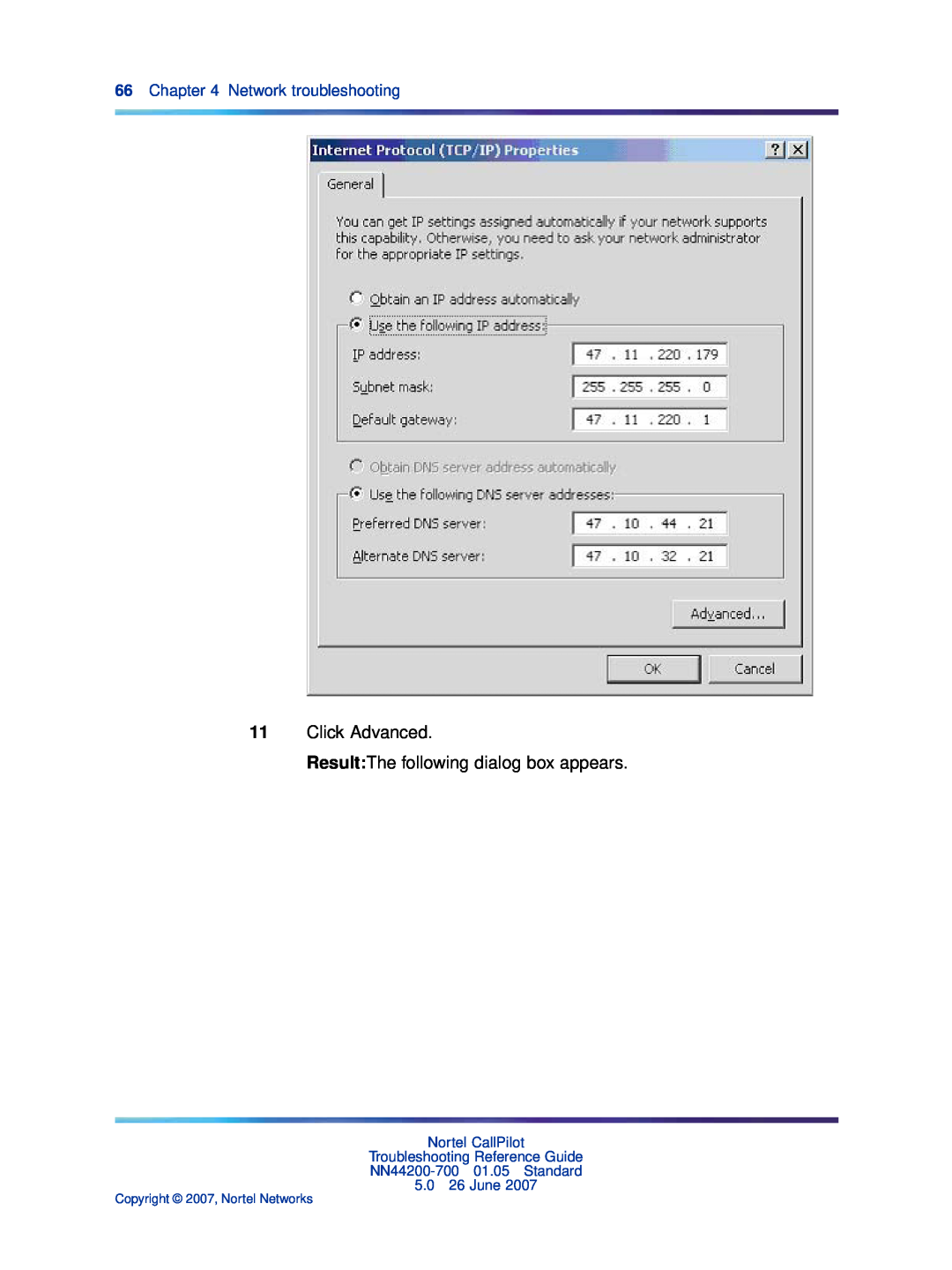 Nortel Networks NN44200-700 manual Click Advanced ResultThe following dialog box appears, Network troubleshooting 