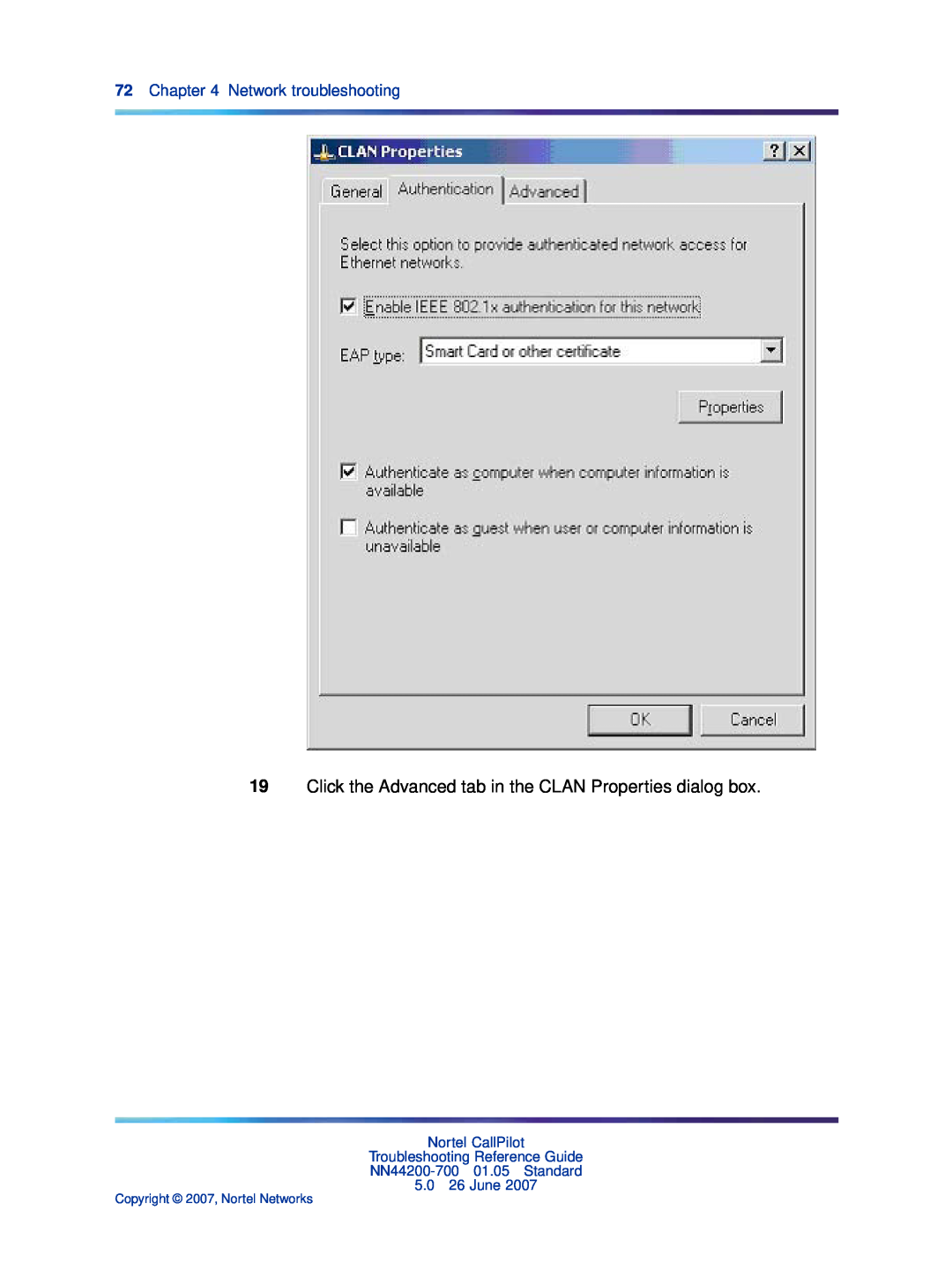 Nortel Networks NN44200-700 manual Click the Advanced tab in the CLAN Properties dialog box, Network troubleshooting 