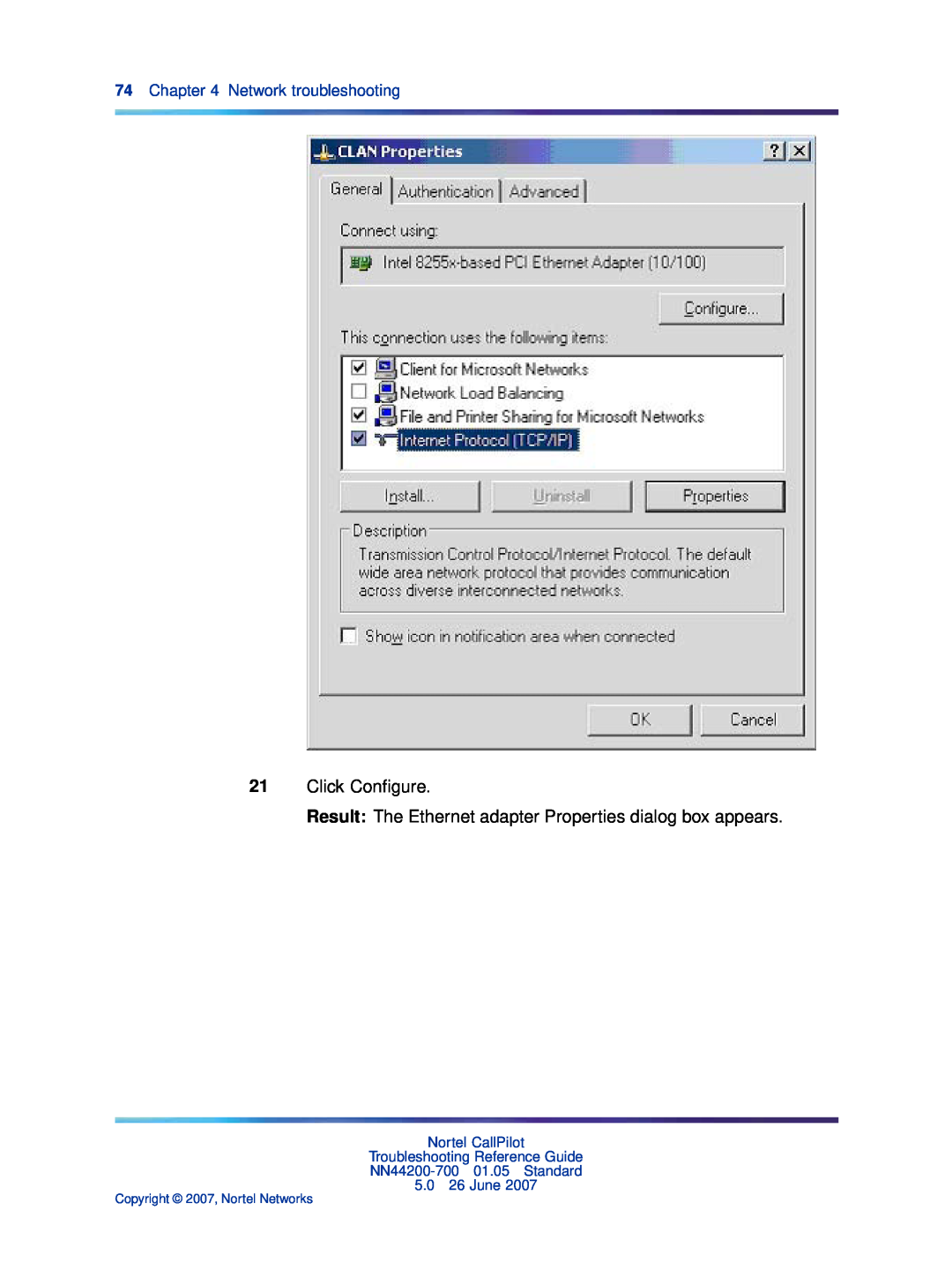 Nortel Networks NN44200-700 manual Click Conﬁgure, Result The Ethernet adapter Properties dialog box appears 