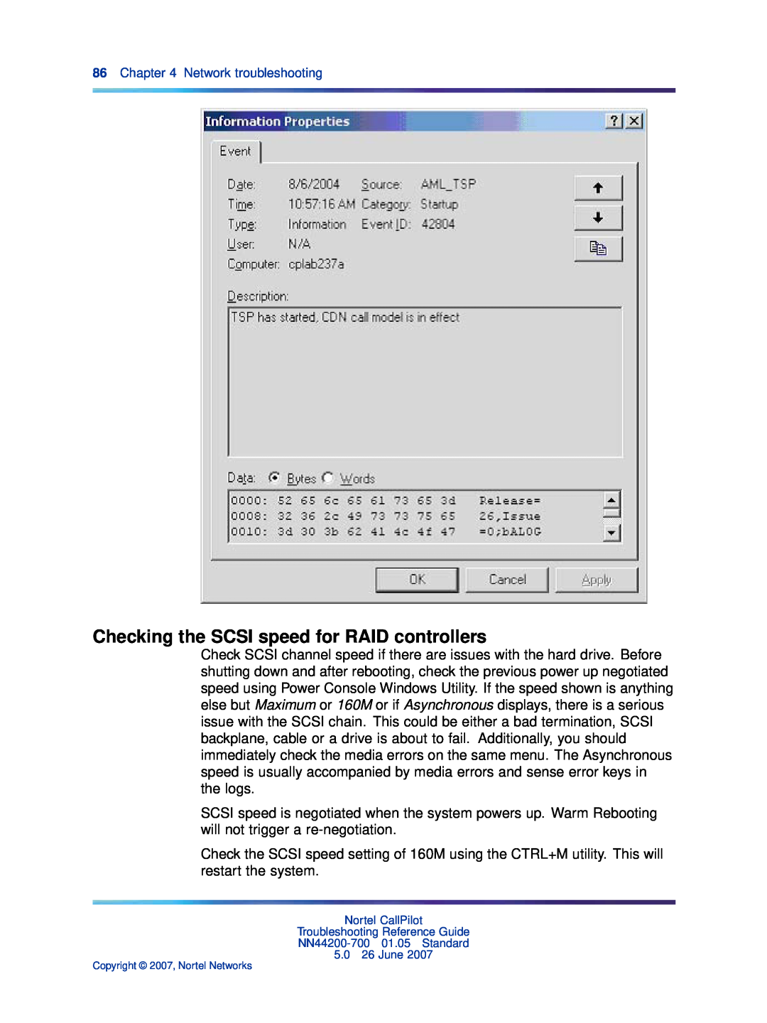 Nortel Networks NN44200-700 manual Checking the SCSI speed for RAID controllers, Network troubleshooting 